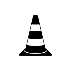Isolated black and white traffic cone with stripes on a plain white background