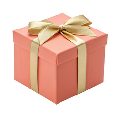 Fototapeta premium Coral gift box with golden ribbon isolated on transparent background