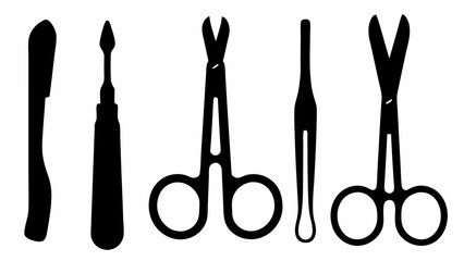 A collection of black and white surgical instruments including scissors and other medical equipment shown