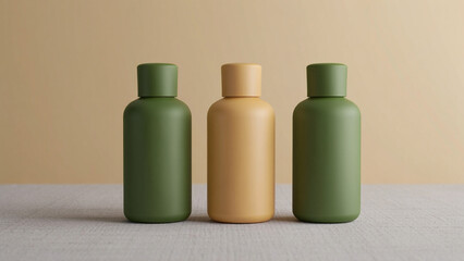 Three minimalist bottles of cosmetic products in muted green and yellow colors
