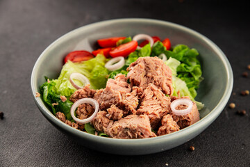 Tuna salad green leaf lettuce, canned tuna, tomato fresh delicious gourmet food background on the table rustic food top view copy space keto and paleo diet vegetarian food pescetarian diet