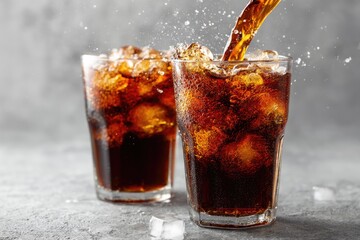 Pouring cola into glasses with ice cubes and visible fizz, ideal for refreshing drink advertisements and menu visuals