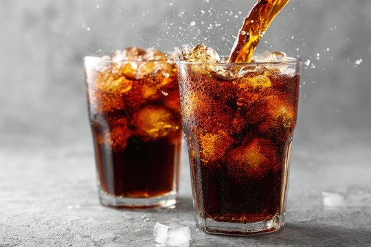 Pouring cola into glasses with ice cubes and visible fizz, ideal for refreshing drink advertisements and menu visuals