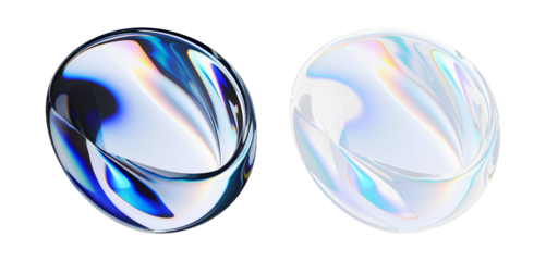 Pair of iridescent 3D glass spheres – solid version and transparent version. Abstract gradient objects with rainbow reflections and fluid shapes. Vibrant and futuristic design elements.