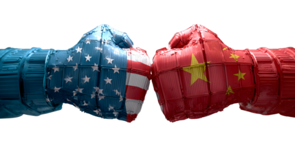 China USA or United States trade and American tariffs conflict with two opposing trading partners as an economic import and exports dispute concept with 3D illustration elements