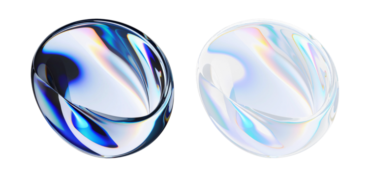 Pair of iridescent 3D glass spheres – solid version and transparent version. Abstract gradient objects with rainbow reflections and fluid shapes. Vibrant and futuristic design elements.