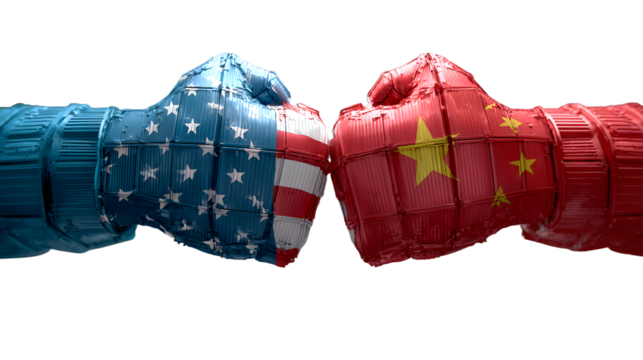 China USA or United States trade and American tariffs conflict with two opposing trading partners as an economic import and exports dispute concept with 3D illustration elements