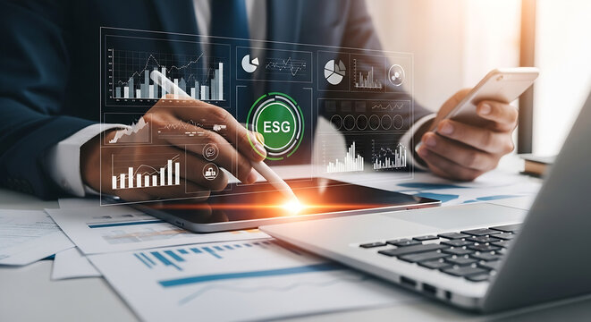 ESG Data Analysis: Businessman Analyzing Environmental Social Governance Data on Tablet with Mobile and Laptop, Financial Charts, Sustainable Business