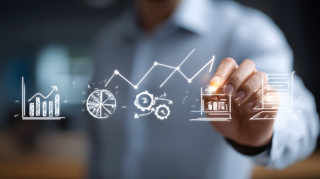 E-learning: Businessman analysis data strategy with graph on digital screen. Online education, virtual classrooms, interactive learning, student engagement, content delivery, knowledge sharing.