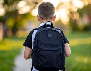 Boy with backpack walking outdoors