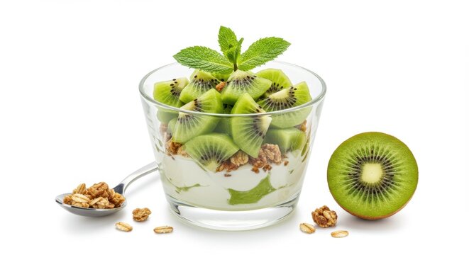 Healthy dessert bowl with fresh green kiwi pieces and granola on a white background copy space
