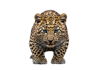 Obraz premium Intense blue eyed leopard cub crouching forward with spotted fur isolated on transparent background