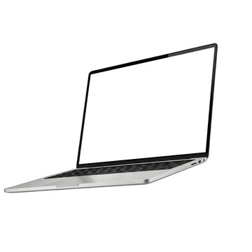 Sleek silver laptop computer mockup with blank white screen for product placement, showcasing website design or software application