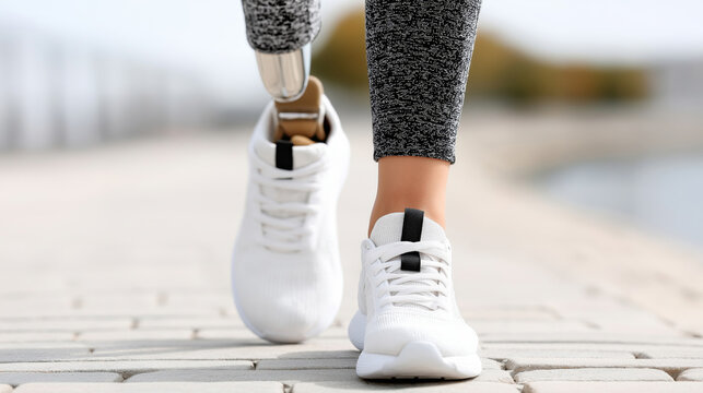 Female with prosthetic leg jogging outdoors on sunny day