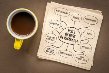 Don’t be busy. Be productive. Reminder to focus on meaningful work rather than simply filling time with activity. Infographics mind map sketch.