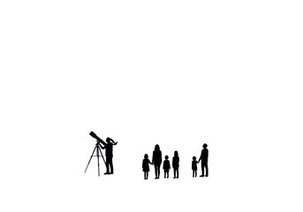 Silhouettes of a group of people observing the night sky with a telescope isolated on transparent background