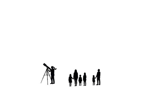 Silhouettes of a group of people observing the night sky with a telescope isolated on transparent background