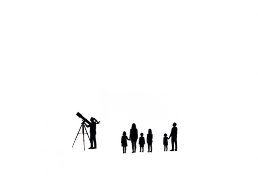 Silhouettes of a group of people observing the night sky with a telescope isolated on transparent background