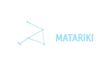 Matariki constellation and name in neon blue outline on a black background isolated on transparent background