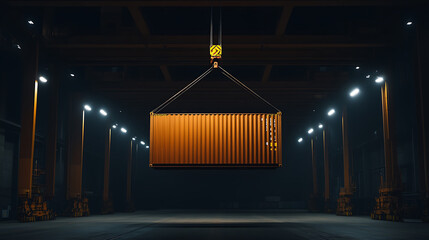 Suspended shipping container: A vivid image of a cargo container mid-air, hanging in the shadows, spotlights illuminating industrial activity.