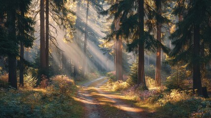 Fototapeta premium Sunlight gently streams through tall trees illuminating a tranquil path in a dense forest. This serene setting captures the beauty of nature at dawn