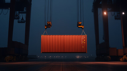 Shipping Container Transfer: Large Cranes lifting cargo container in a dark industrial scene, set against a night sky. Logistics & Transportation.