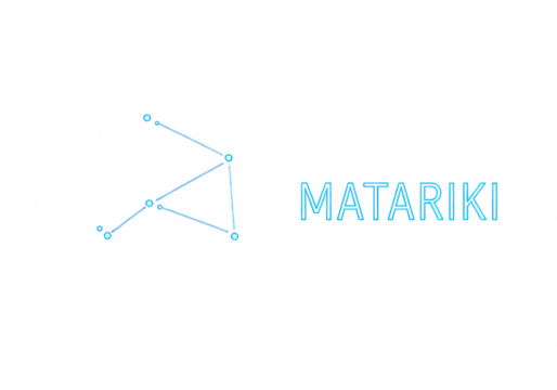 Matariki constellation and name in neon blue outline on a black background isolated on transparent background