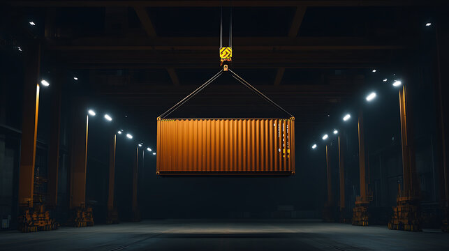 Suspended shipping container: A vivid image of a cargo container mid-air, hanging in the shadows, spotlights illuminating industrial activity.