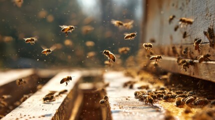 Honeybees are actively flying around a wooden beehive on a warm afternoon. The hive is teeming with life, showcasing the essential role of bees in pollination and honey production