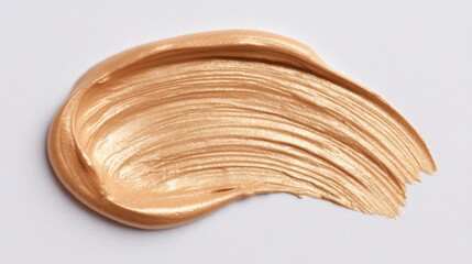 A creamy foundation swatch is spread on a smooth white surface. The warm beige shade highlights the foundation texture, ideal for creating a flawless makeup look