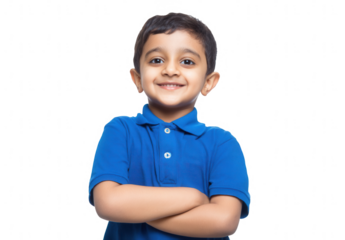 a happy, smiling little Indian boy in a blue polo shirt, standing and looking at the camera, png, transparent