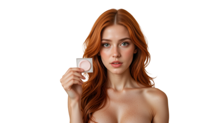 Red haired woman holding a condom packaging in her hand against a black colored background image view .