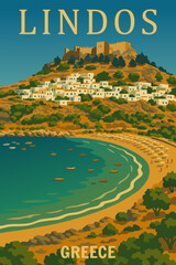 Travel Poster Greece island Rhodes, Kastellos castle, poster, old Mediterranean European culture and architecture