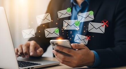 Businessman managing emails on phone and laptop, email marketing, successful business communication, technology integration, message management, digital workflow, business professional Vector