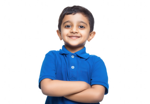 a happy, smiling little Indian boy in a blue polo shirt, standing and looking at the camera, png, transparent - Powered by Adobe