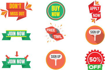 Collection of colorful sale and call to action buttons and badges