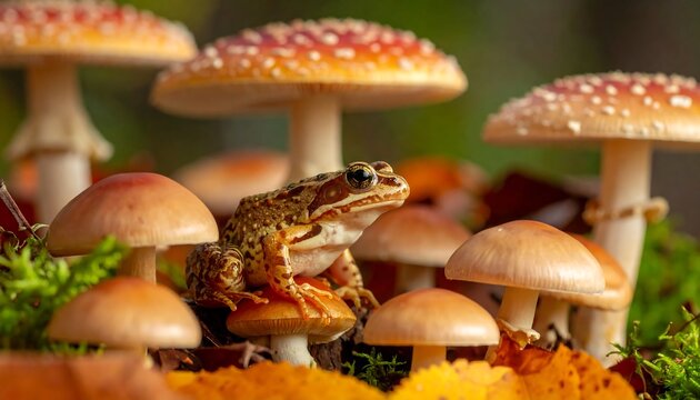 Frog amidst colorful mushrooms in autumnal forest