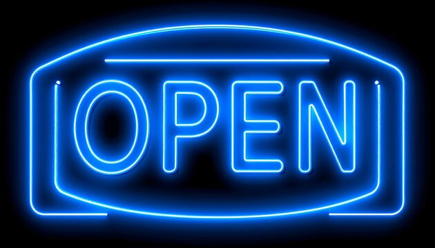 Neon sign that says "OPEN" in bright blue - Powered by Adobe