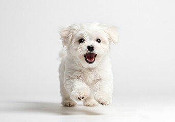 Obraz premium Excited Puppy with Open Mouth Running Toward Camera