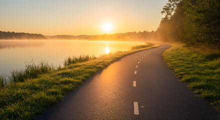 Fototapeta premium A paved path curves along a misty lake at sunrise, with golden light filtering through the trees and reflecting on the water.