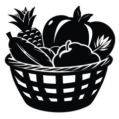 Fototapeta premium Woven basket overflowing with assorted fruits black icon