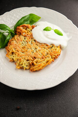 Potato pancakes drainiki potato cutlets vegetable dish fresh delicious gourmet food background on the table rustic food top view copy space vegan and vegetarian food