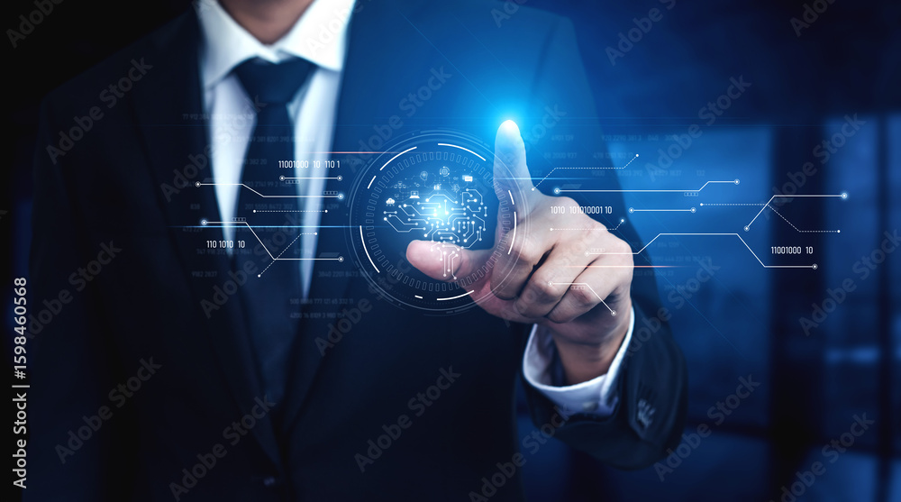 Poster ai artificial intelligence with digital brain and connected data circuit. ai core processes data, ai