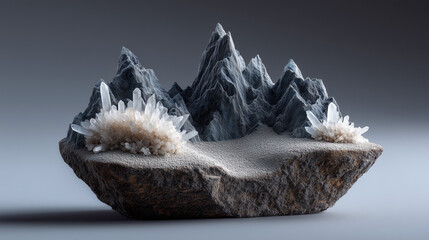 Miniature earth chunk featuring jagged snowy peaks topped with natural quartz crystals