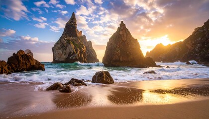 Dramatic sunset over a rocky beach