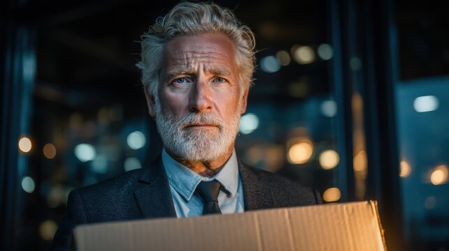 A middle-aged man with gray hair and a beard stands in an urban setting at night, holding a cardboard box. His expression shows concern, illuminated by soft city lights.