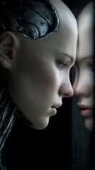 Futuristic female cyborg with reflective pose