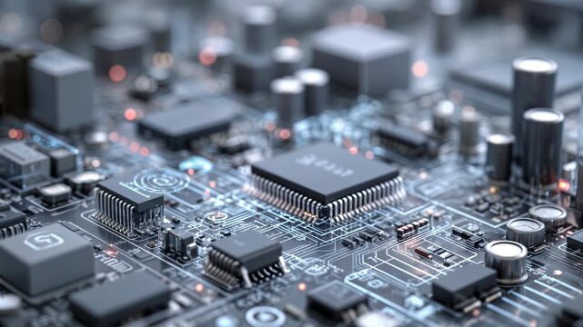 Video of a close-up of a computer chip, showing its intricate design and the many small components that make it up. The chip is a complex piece of technology