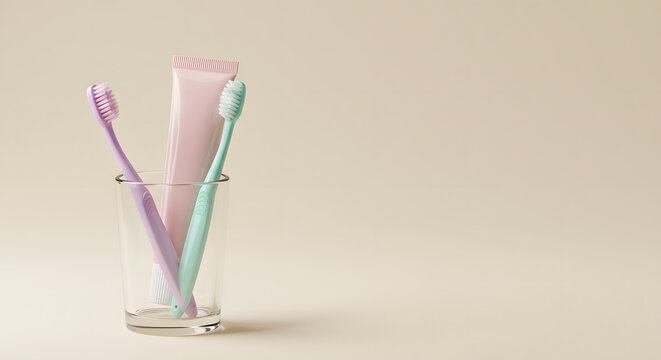 Pastel toothbrushes and toothpaste in a glass, minimalist dental hygiene setup.