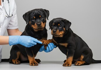 Obraz premium Rottweiler Pup Being Gently Examined Paw by Vet
